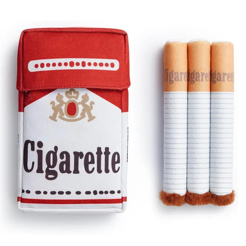 plush cigarette dog toy fleece chew toy set with cigarette pack design for dogs, funny interactive pet gift