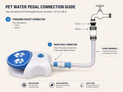 step-on dog water fountain pet water pedal connection guide with threaded faucet connector and hose