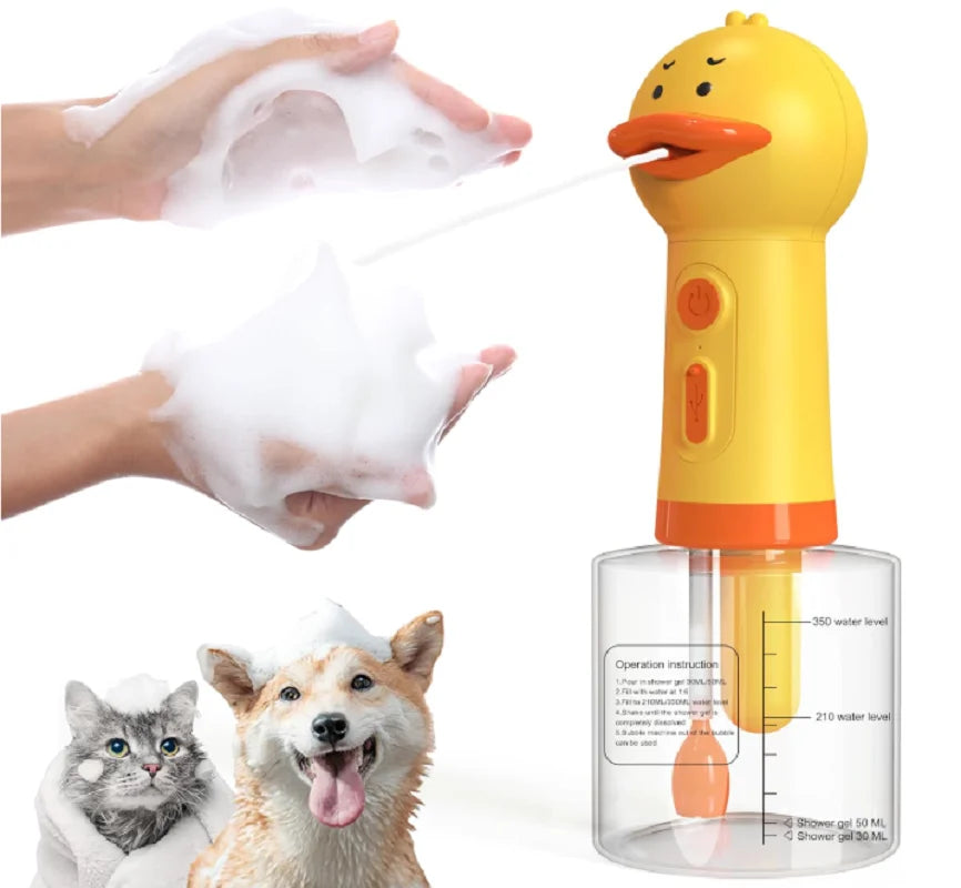 dog shampoo sprayer with duck design for pet bathing, foaming soap dispenser for dogs and cats