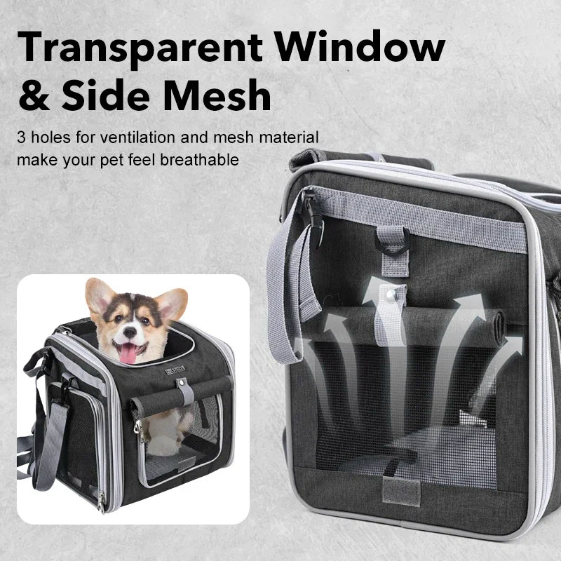 Dog or Cat Bike Basket, Expandable Soft Sided Pet Carrier Backpack with 4 Open Doors, Foldable Dog Bike Carrier