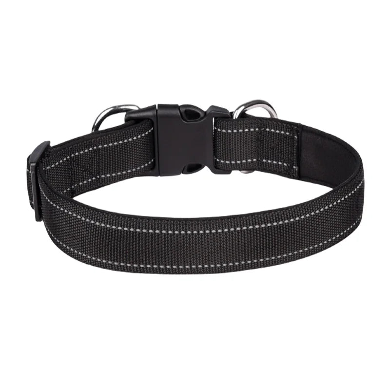 Black adjustable dog collar with reflective stitching and plastic buckle