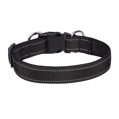 Black adjustable dog collar with reflective stitching and plastic buckle