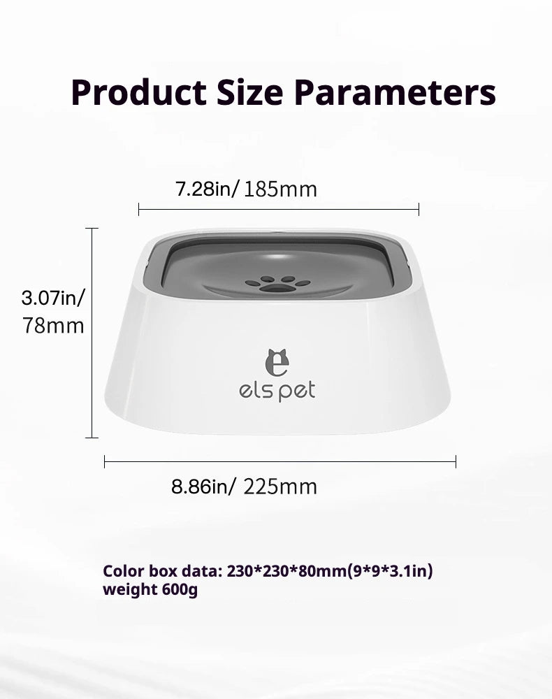 White dog bowl with gray top and paw print, labeled size dimensions in inches and millimeters.