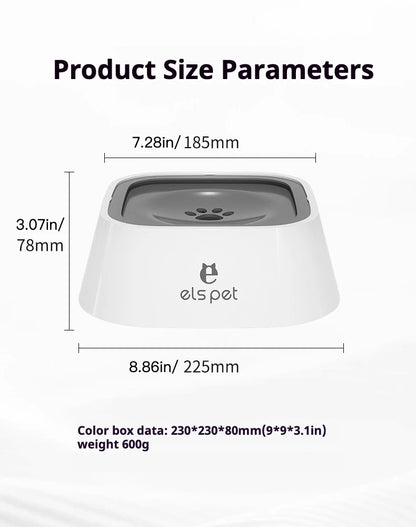 White dog bowl with gray top and paw print, labeled size dimensions in inches and millimeters.