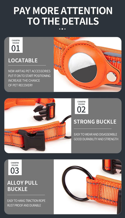 Orange dog collar with Airtag holder, strong buckle, and alloy pull ring for durability