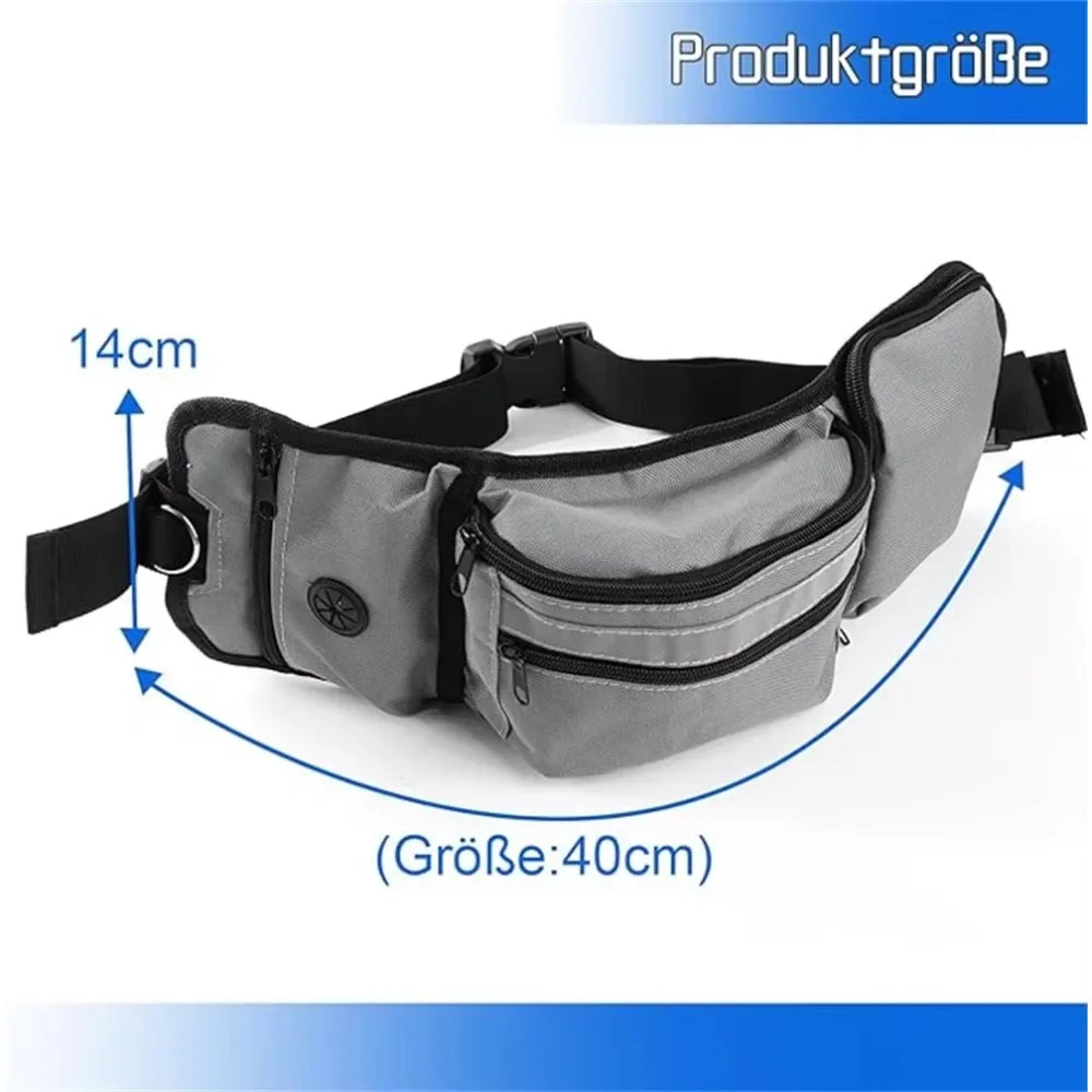 Gray dog walking waist bag with multiple zippered pockets, adjustable strap, 40cm by 14cm size