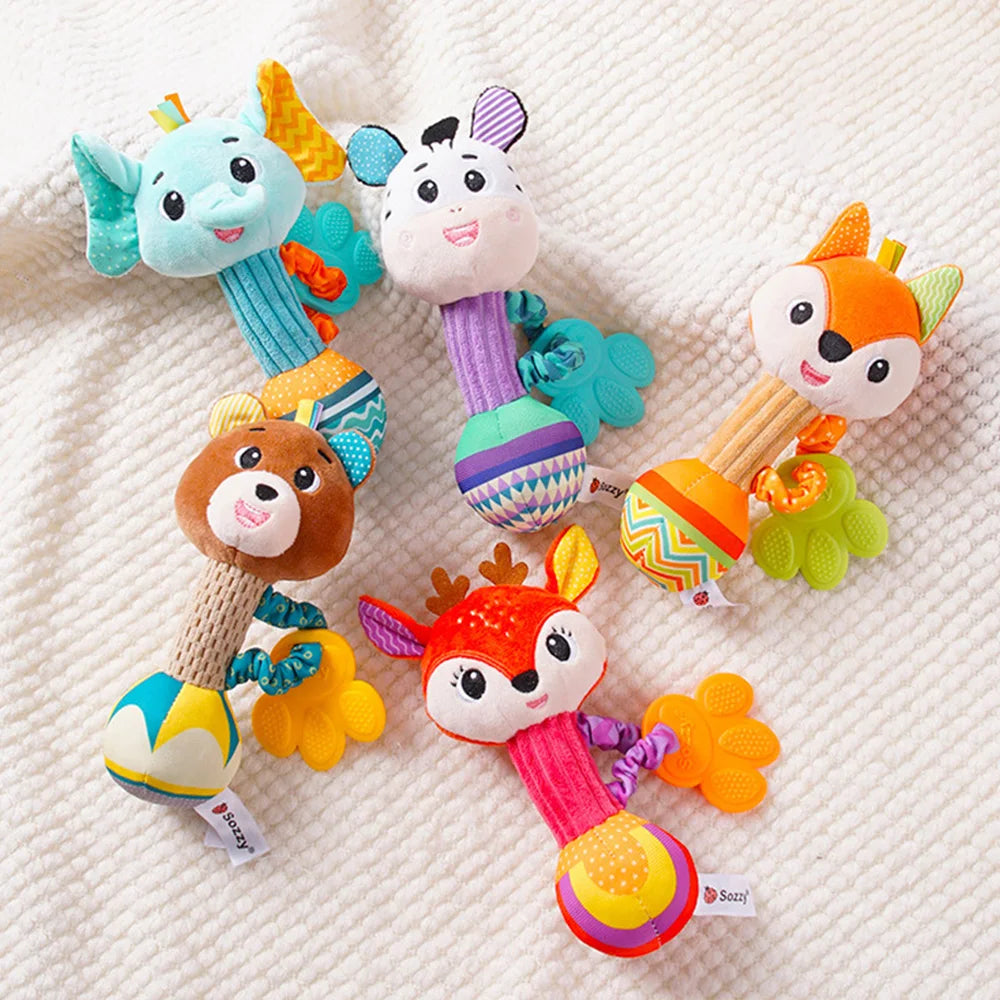 soft baby rattle toy plush animal hand grip sensory rattle for newborns, toddlers, travel