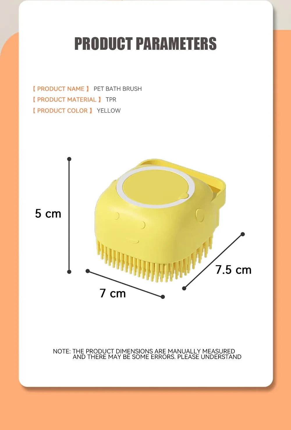 dog bathing brush with shampoo dispenser yellow pet bath brush with rubber bristles, 7.5 cm x 7 cm x 5 cm