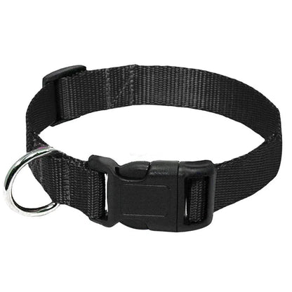 Black adjustable dog collar with D-ring, durable nylon quick release buckle for dogs, goats, sheep, and horses