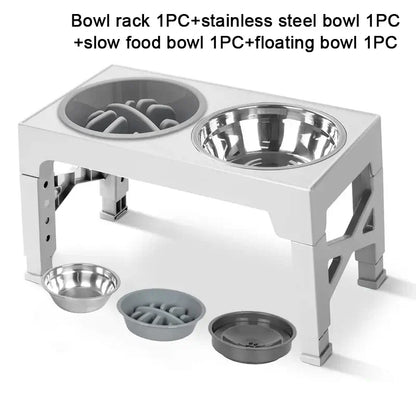 adjustable elevated dog feeder white with slow food bowl and stainless steel water bowl for large and medium dogs