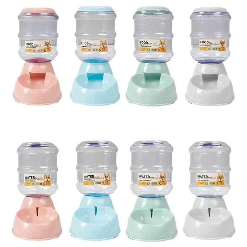 pet water dispenser automatic cat and dog feeder with plastic water bottle and feeding bowl, pastel colors