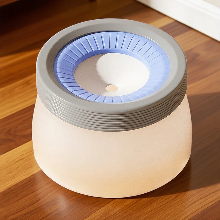 Modern dog food container with grey and blue lid on hardwood floor