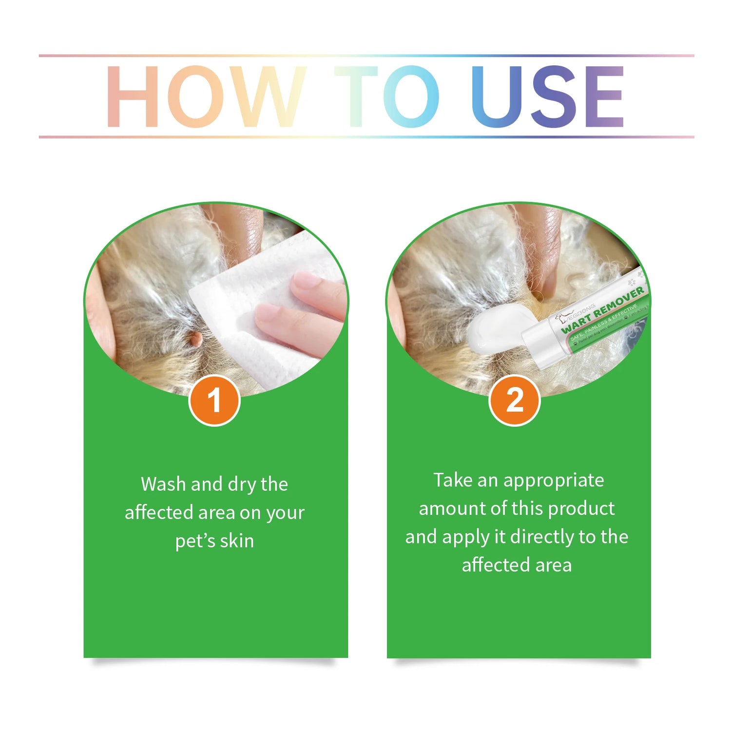 How to use pet wart remover, step-by-step guide with product application on dog skin.