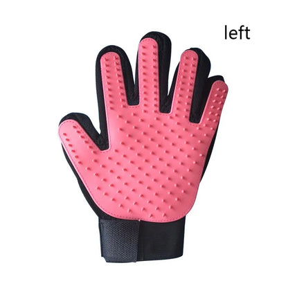 Pink left-hand pet hair remover glove silicone grooming brush for dogs and cats, deshedding and massage glove