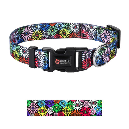 Colorful adjustable nylon dog collar with floral print, metal D ring, and durable buckle for medium and large dogs