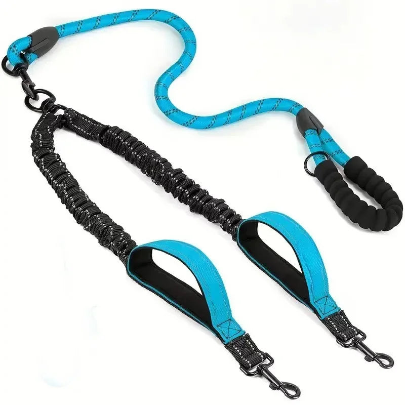 Double dog leash with padded handle, shock-absorbing bungee, and blue accents on white background
