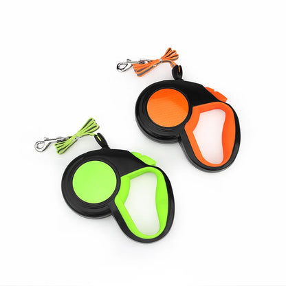 Reflective retractable dog leash with automatic extending design, available in orange and green for pet walking safety.