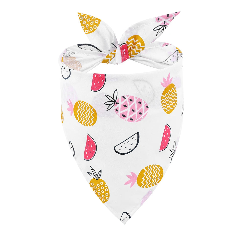 White dog bandana with colorful pineapple and watermelon fruit print pattern