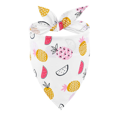 White dog bandana with colorful pineapple and watermelon fruit print pattern