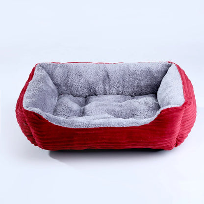 Red and gray calming dog bed sofa cushion for small and medium pets, soft plush winter pet kennel