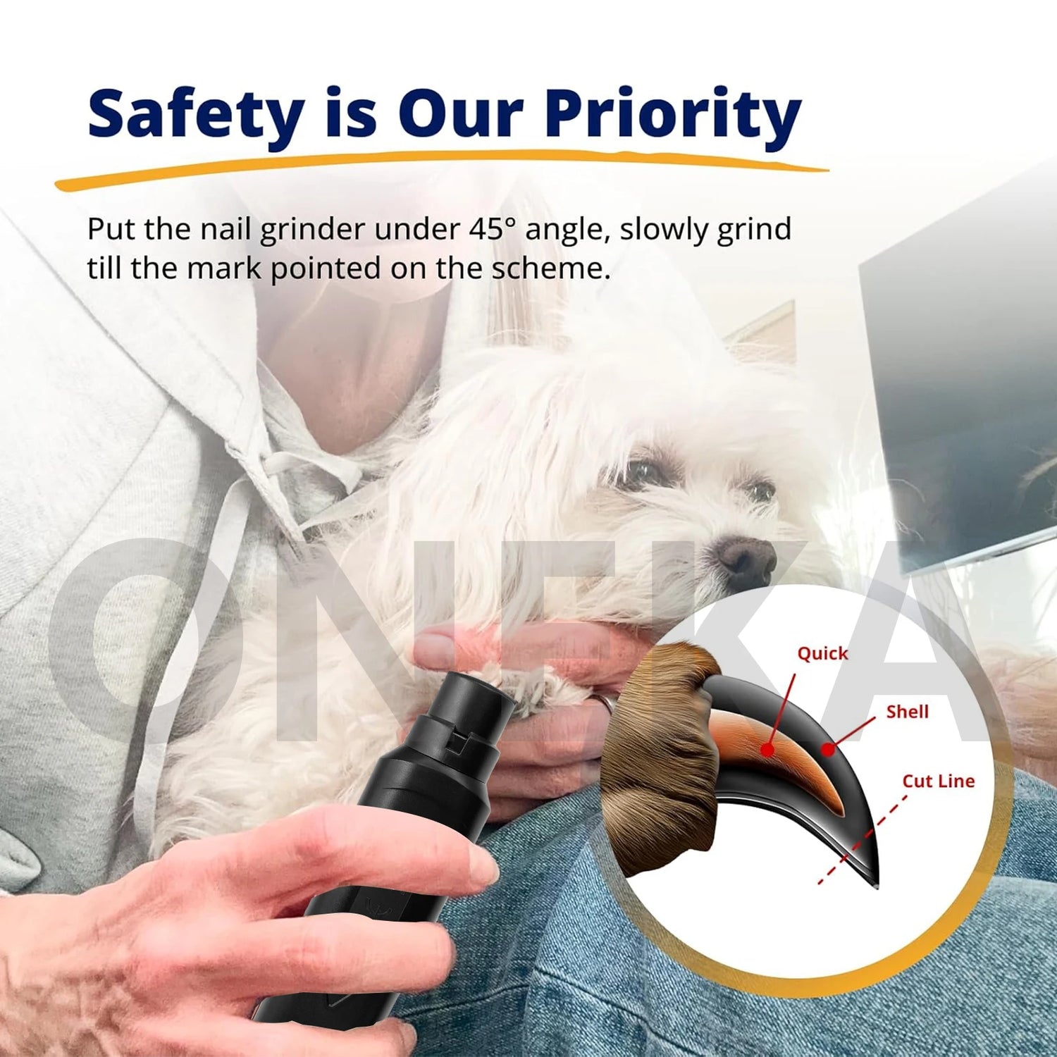 quiet pet nail grinder safety guide showing 45-degree angle trimming for dogs, cats and other animals