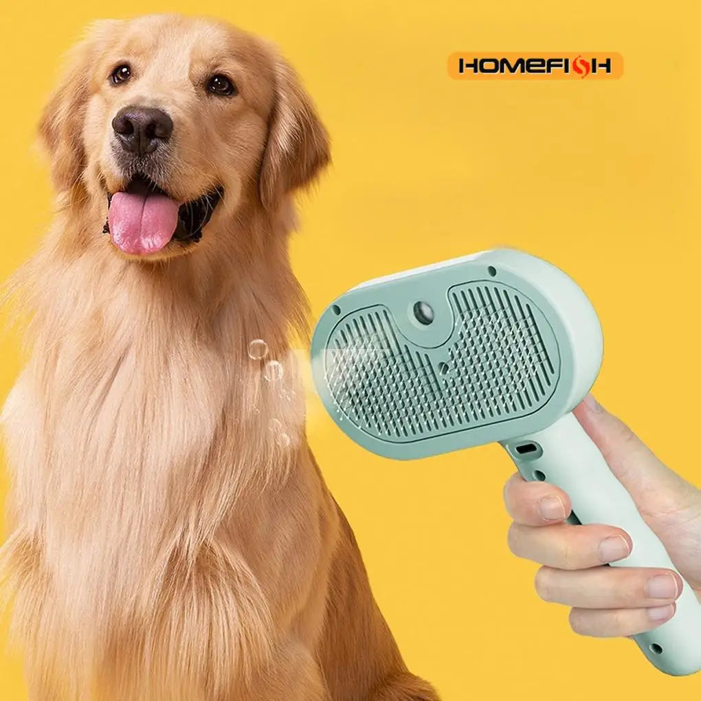 steam dog grooming brush for dogs with steam spray, reducing shedding and static while grooming a golden retriever