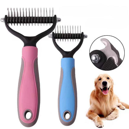 double sided pet desdeshedding brush for dogs and cats, stainless steel grooming tool with dual comb heads