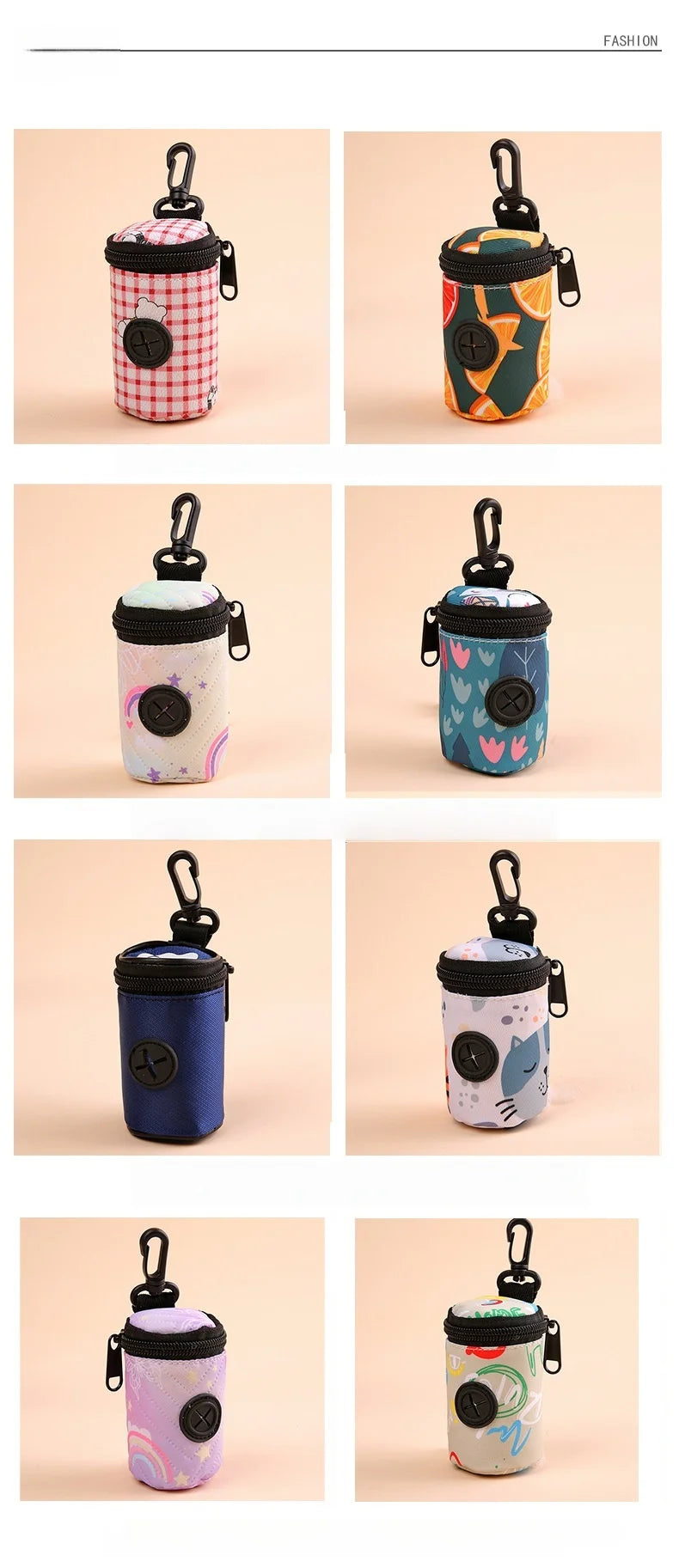 Assorted dog poop bag dispensers with carabiner clips in various colorful patterns