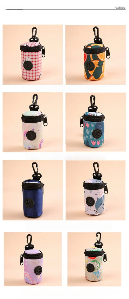 Assorted dog poop bag dispensers with carabiner clips in various colorful patterns