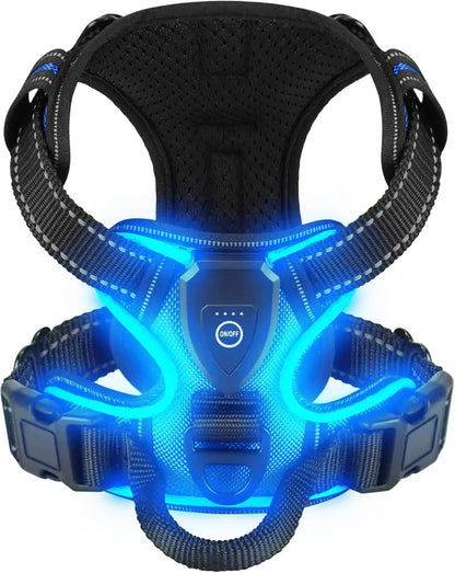 LED dog harness for night walking blue rechargeable nylon vest harness with three LED light modes for safe night walks