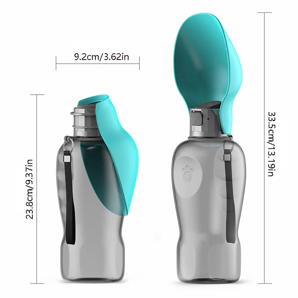 Portable dog water bottle with foldable bowl, 800ml capacity, leakproof design, and lanyard for outdoor travel
