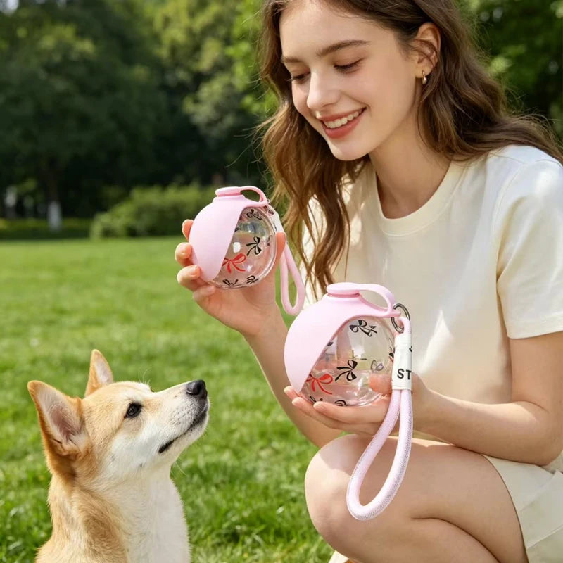 portable dog water bottle for outdoor travel, pink 2-in-1 leak-proof pet water dispenser with silicone bowl