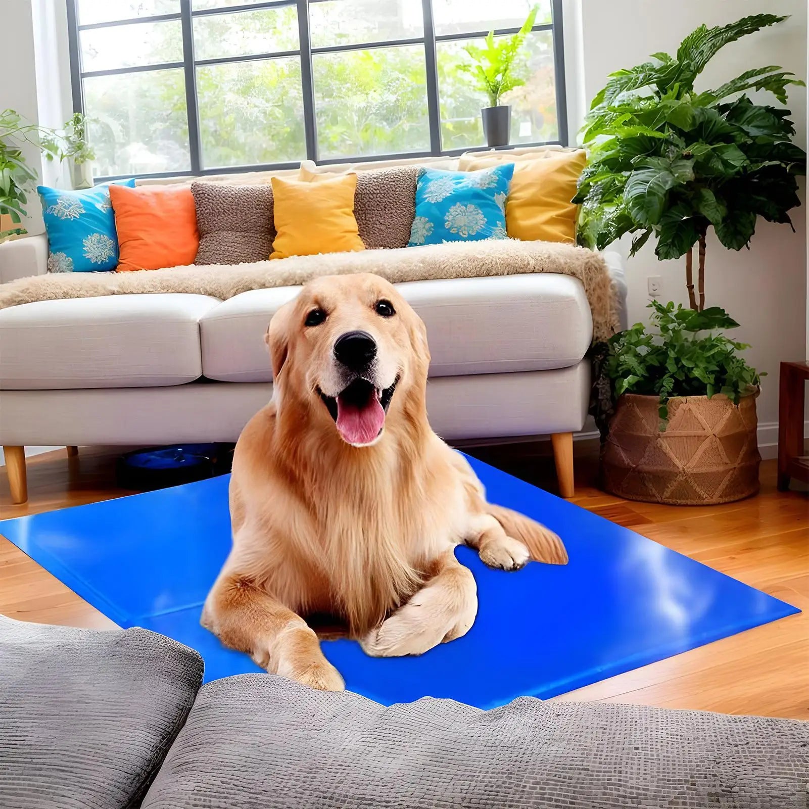 self cooling dog mat for dogs, portable blue gel cooling pad for indoor summer rest and napping on hot weather floors