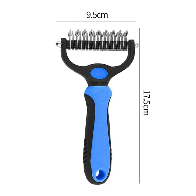 Blue pet deshedding brush with dual-sided stainless steel comb, rounded teeth, and ergonomic handle for dogs and cats
