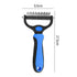 Blue pet deshedding brush with dual-sided stainless steel comb, rounded teeth, and ergonomic handle for dogs and cats