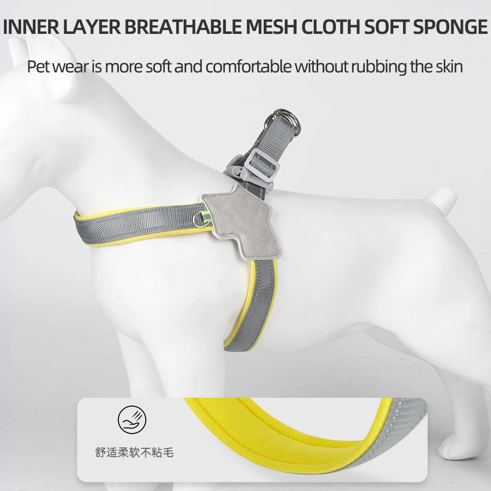 Breathable mesh dog harness with soft sponge inner layer in gray and yellow on a dog mannequin