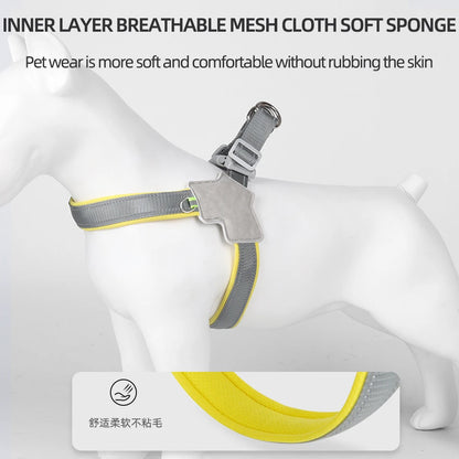 Breathable mesh dog harness with soft sponge inner layer in gray and yellow on a dog mannequin