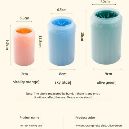 Pet paw cleaner brush foot washing cup in orange, blue, and green sizes for portable pet paw cleaning
