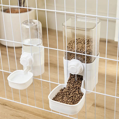White hanging pet feeder and waterer cage-mounted bowl set with 1.5L food dispenser for small dogs, cats, and rabbits