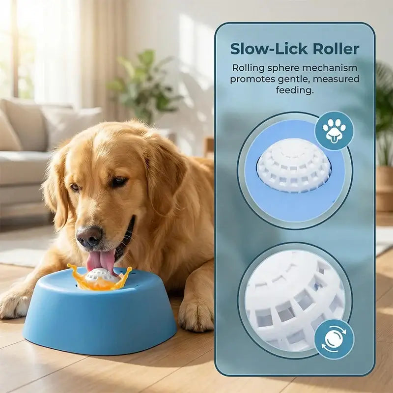 Golden retriever using slow feeder dog lick bowl for yogurt or broth, anti-slip interactive pet feeding bowl