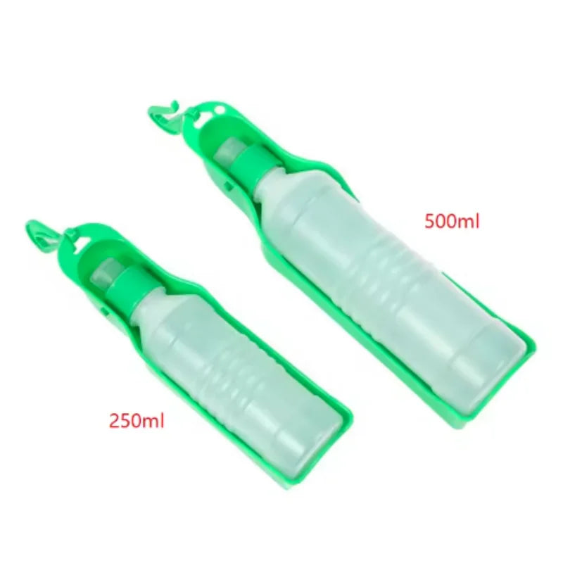 portable dog water bottle for travel, green pet drinking bowl dispenser shown in 250ml and 500ml sizes