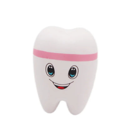 teeth shape squishy toy cute cartoon white dental stress relief toy with pink band, blue eyes, 6 sizes, Color 04