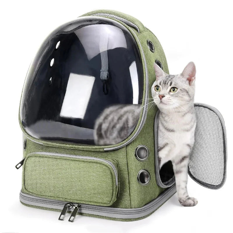 Green cat carrier backpack with transparent front, breathable mesh, and zipper for safe pet travel