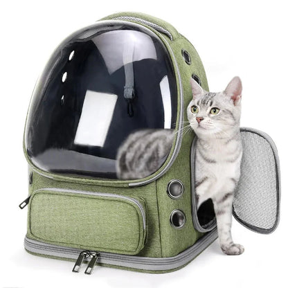 Green cat carrier backpack with transparent front, breathable mesh, and zipper for safe pet travel