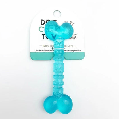 Blue bone-shaped dog chew toy, durable and non-toxic, on white background