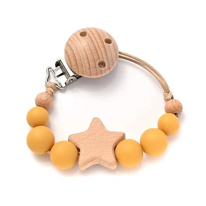 wooden pacifier clip teether with wood pentagram star and yellow silicone beads, Color 8, for baby teething