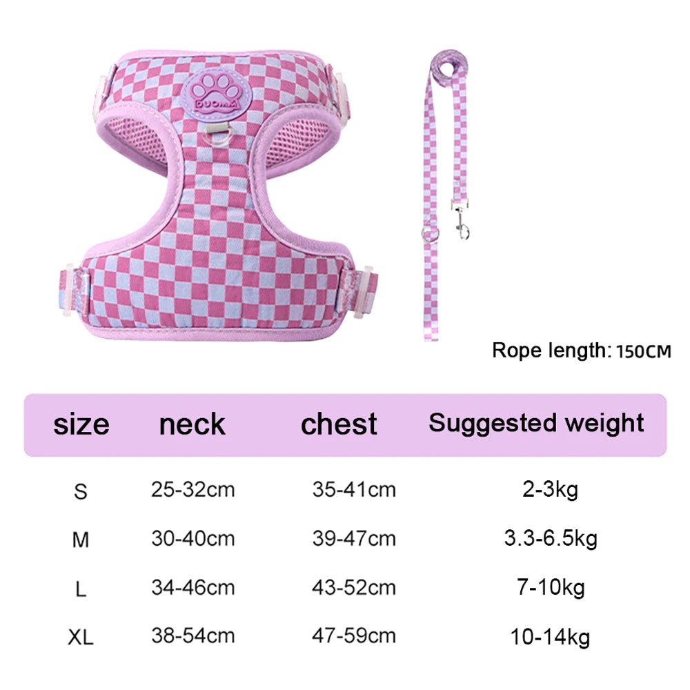 Plaid dog harness and leash set, purple adjustable soft padded vest with 150cm leash for small and medium dogs and cats