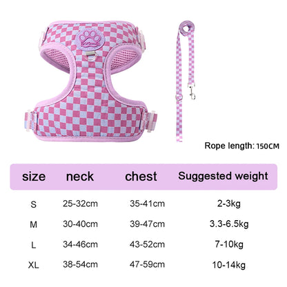 Plaid dog harness and leash set, purple adjustable soft padded vest with 150cm leash for small and medium dogs and cats
