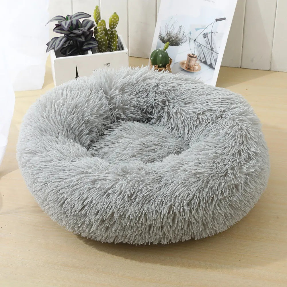 washable donut dog bed light grey plush round pet bed with raised rim for dogs and cats