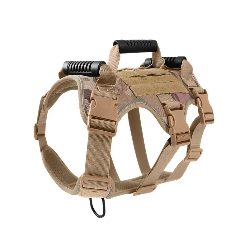 Camouflage tactical dog harness with quick release buckles, reflective details, shock-absorbing traction, and explosion-proof design